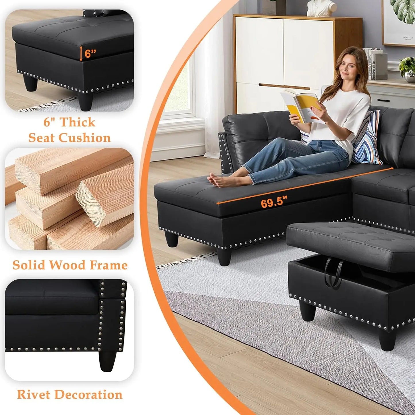 Sectional L Shape Couch 4 Seaters Chaise Lounge Ottoman