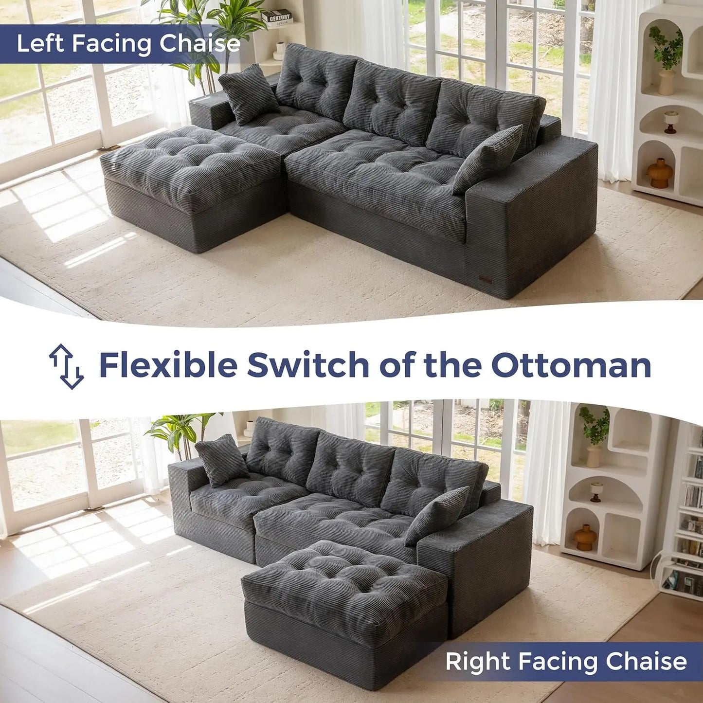 104 Inch L Shaped Modular Sectional Sofa With Ottoman Layered Cushions