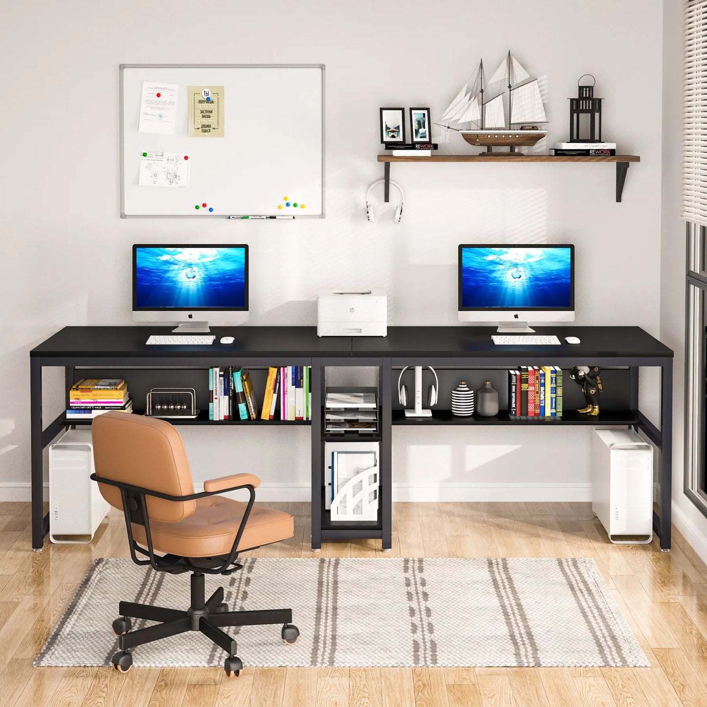 Tribesigns Two Person Desk With Bookshelf 78.7 Inch Rustic Double Computer Desk