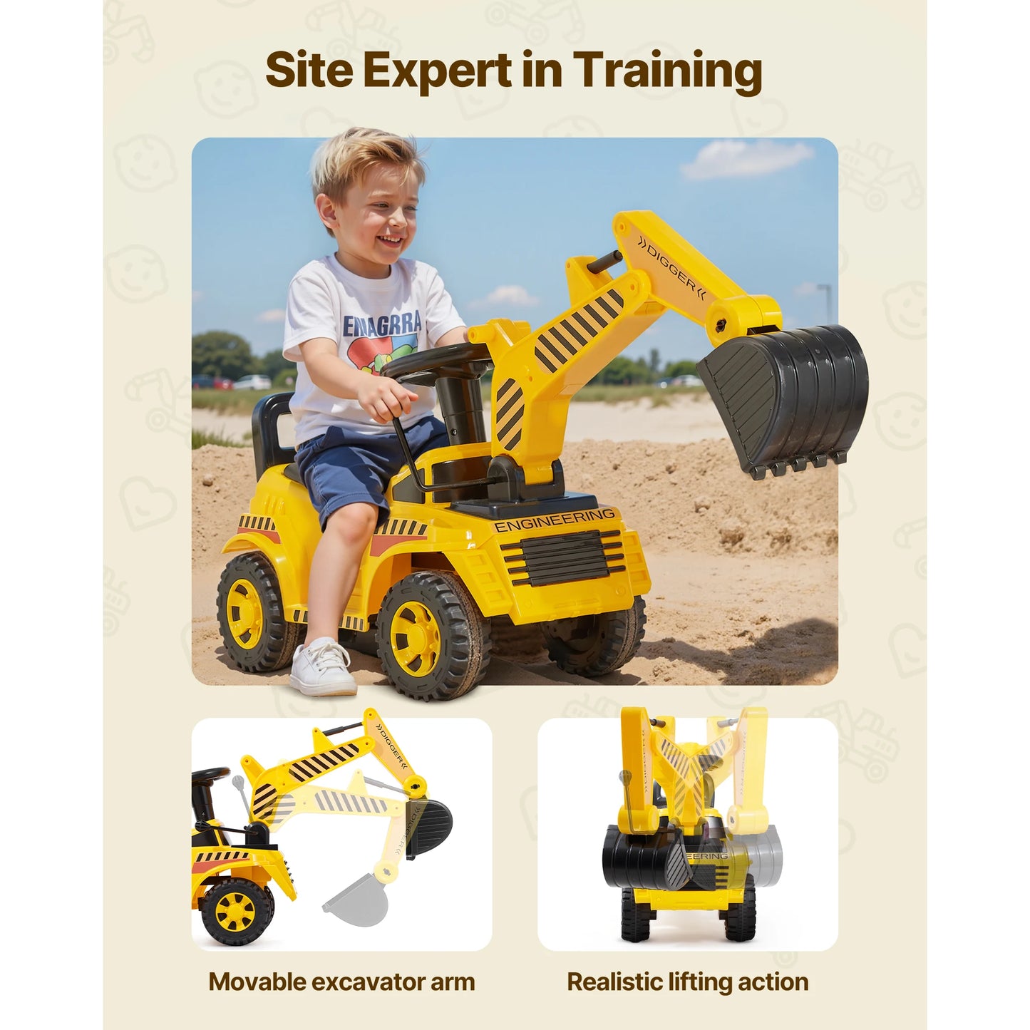 SucceBuy Excavator Digger Ride On Toy For Kids With Helmet And Music