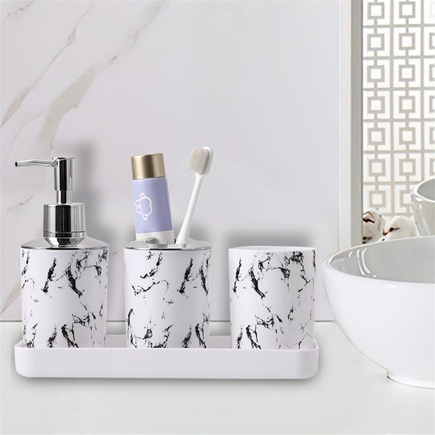White Black Marble Bathroom Set With Lotion Bottle Soap Dish
