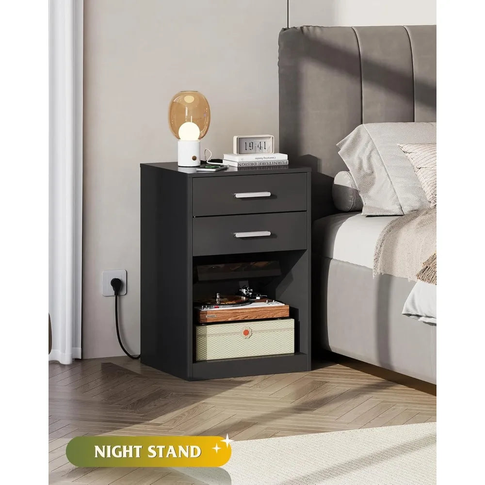 Nightstand Set Of 2 With Charging Station Two Drawers