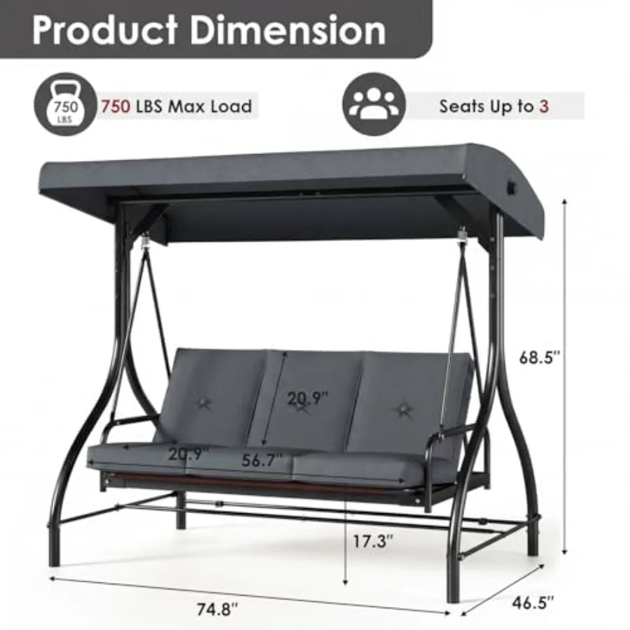 Three Seat Outdoor Patio Swing With Adjustable Canopy 2mm Steel Frame Brown