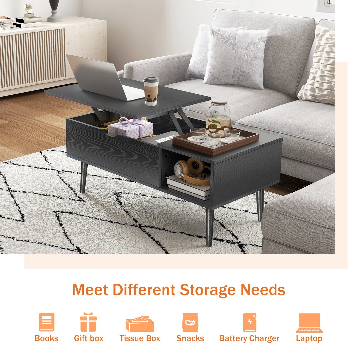 JHK Lift Top Wood Coffee Table With Storage For Living Room