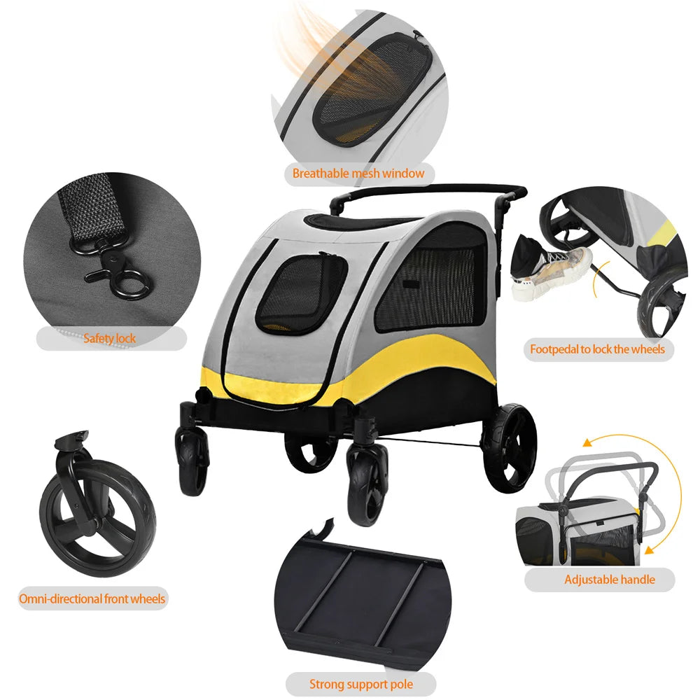 Premium 4 Wheel Dog Stroller Pram Foldable Cart for Small Medium Large Dogs