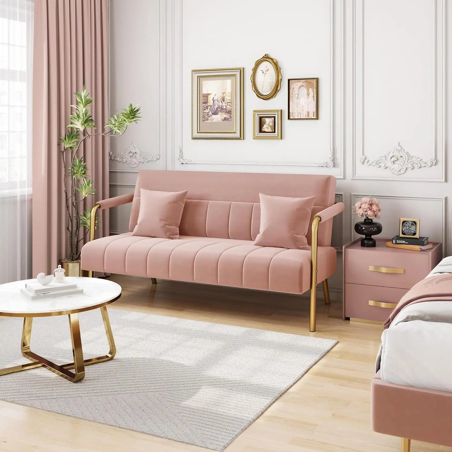 Lux Velvet Sofa With Gold Tone Arms And Legs Living Room