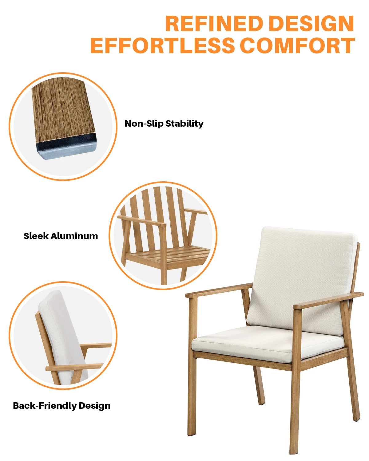 SeeHill Outdoor Patio Dining Chair Set 2 Cushions Aluminum Teak Garden Furniture
