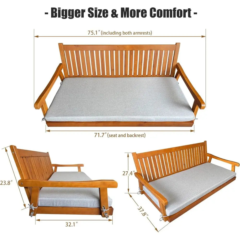 Teak Tone Porch Swing Bed With Cushion For Outdoor Patio Or Porch