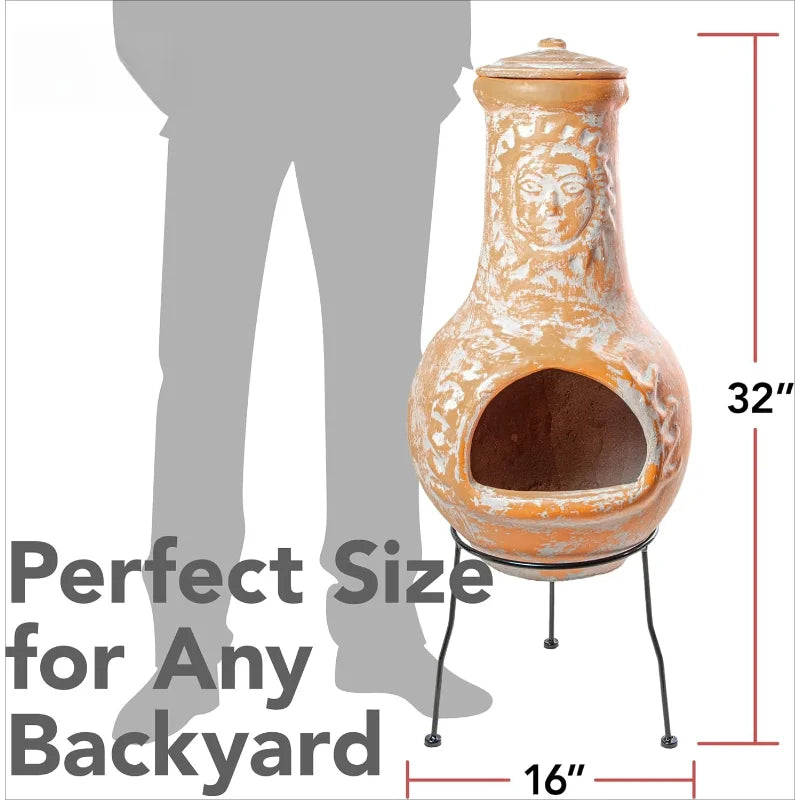 Medium Outdoor Clay Chimeneas With Chimney Rain Lids And Metal Stands Terracotta