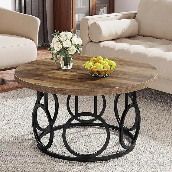 31.5 Inch Round Coffee Table Metal Base Rustic Modern Wood