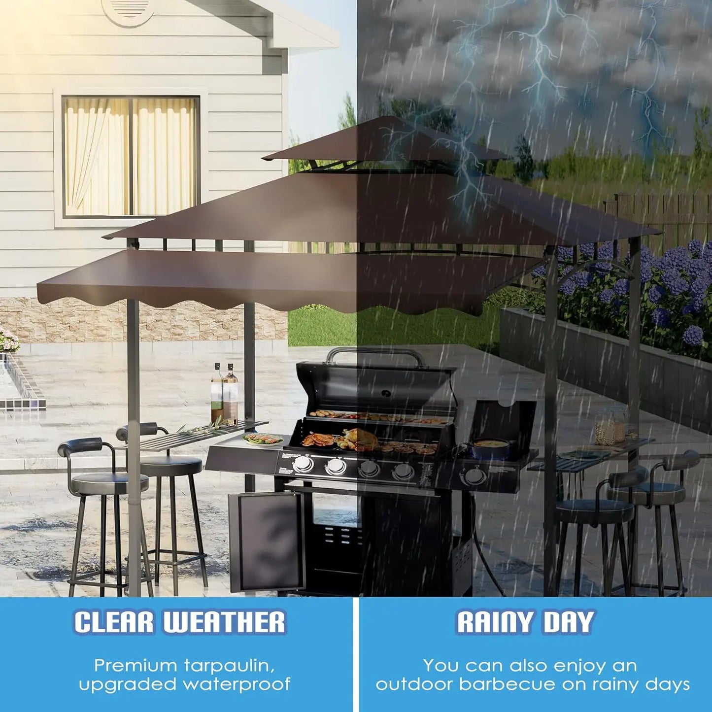 8x8x5 Ft BBQ Gazebo Double Tier Patio Canopy Tent With Side Awning Shelves