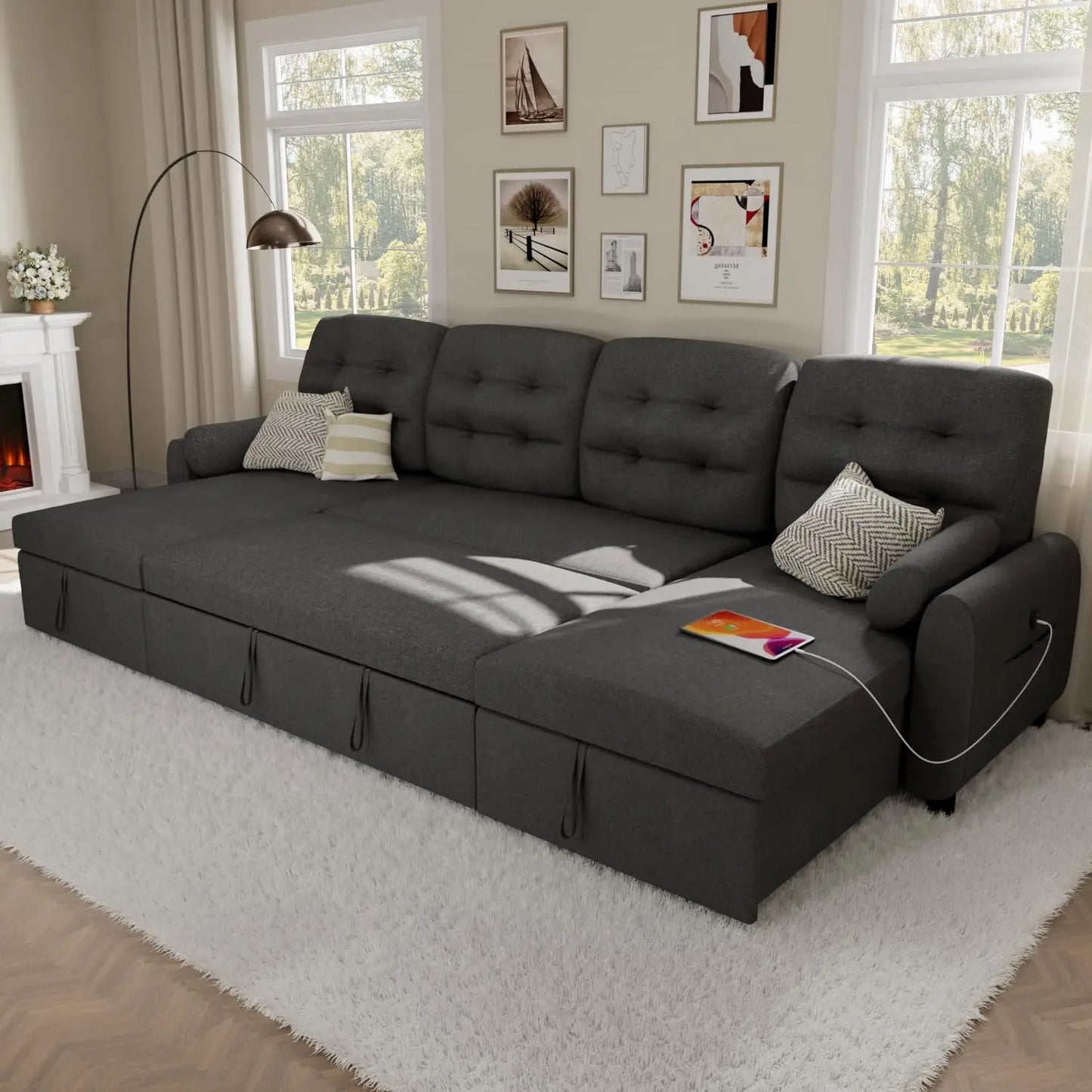 87 Inch Sleeper Sectional Sofa Bed With Storage Chaise