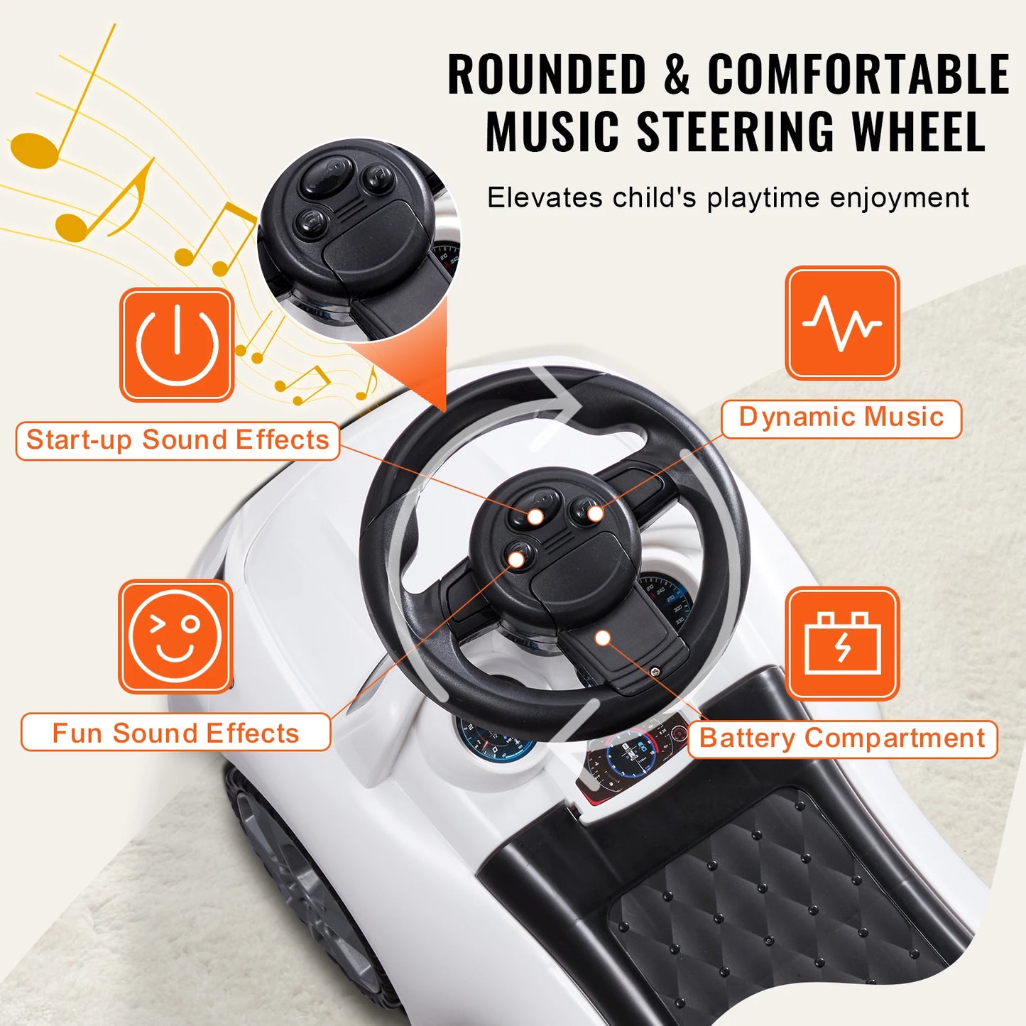 SucceBuy White Pink Ride On Push Car Classic Kids Sports Toy Car with Music Steering Wheel for Toddlers