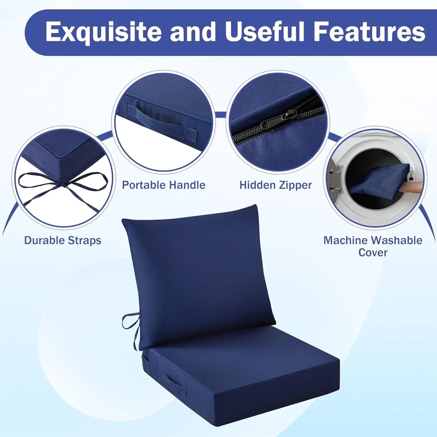 Outdoor Chair Cushions 24x24 With Back Cushion Waterproof Fade Resistant Straps
