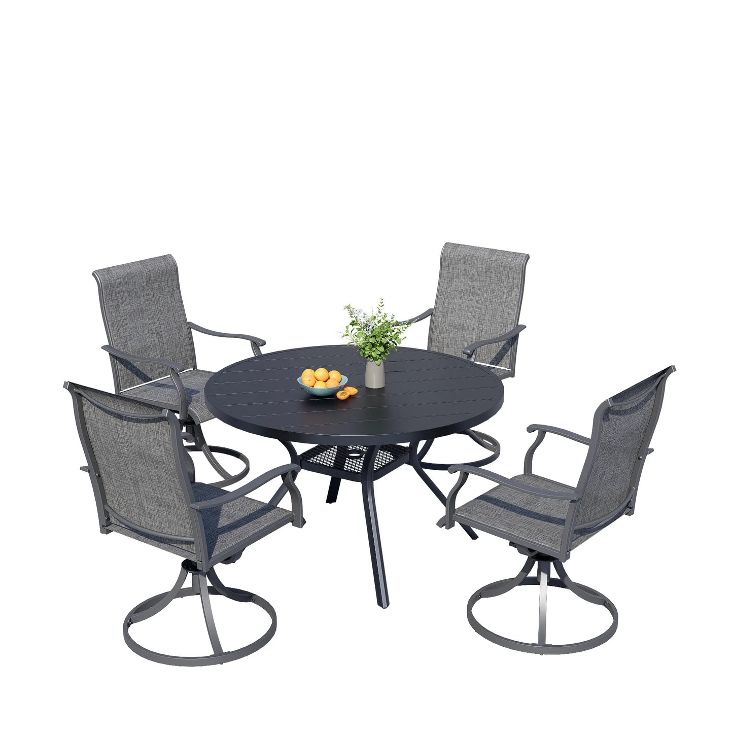 Bigget 5 Piece Outdoor Dining Set 41 Inch Round Table 4 Grey Textilene Chairs