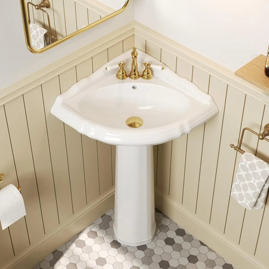 White Triangular Corner Pedestal Sink With Overflow Holes