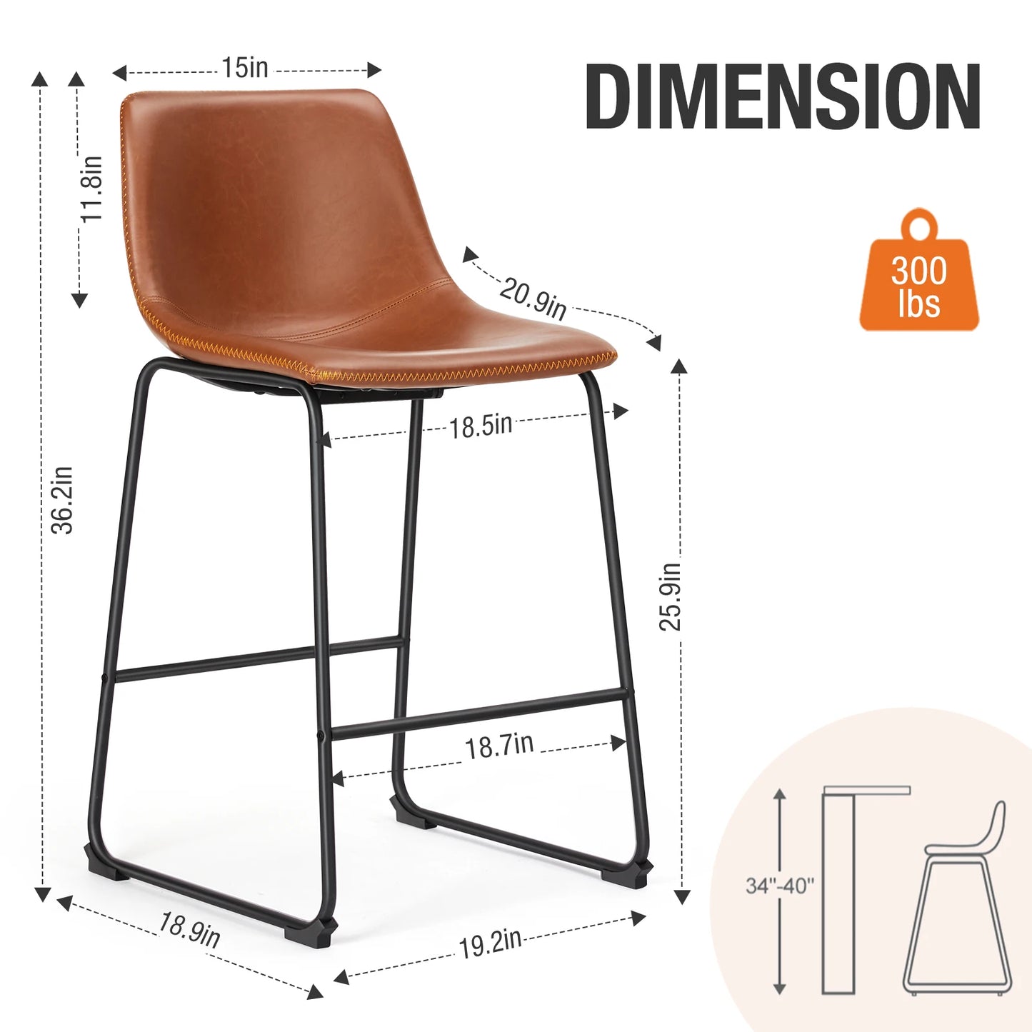 JHK PU Leather Bar Stools Set of 2 Counter Height Cushioned