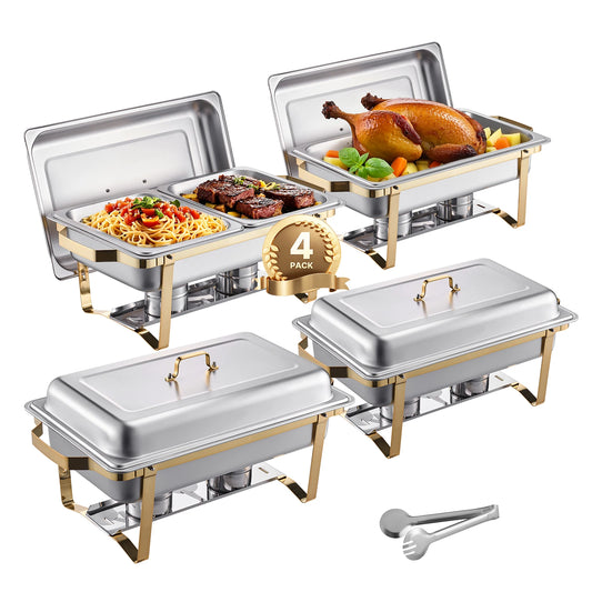 SucceBuy 8 Quart 4 Pack Chafing Dish Buffet Set Stainless Steel Chafer with 2 Full Size and 4 Half Size Pans Catering Warmer Server