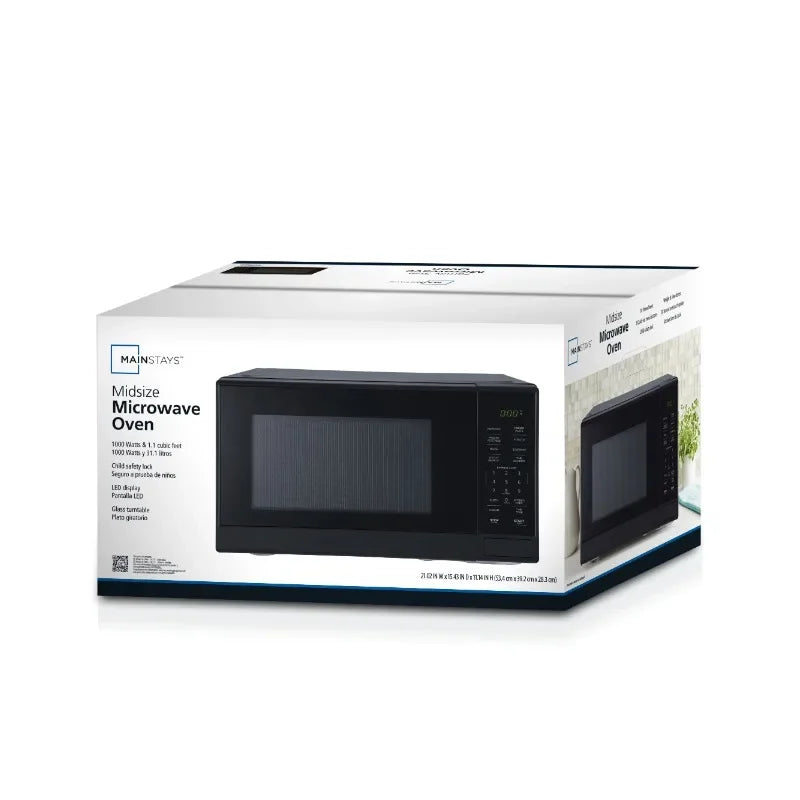 Mainstays 1.1 Cu Ft Microwave Oven in Black with Non Stick Cooking Pots Set