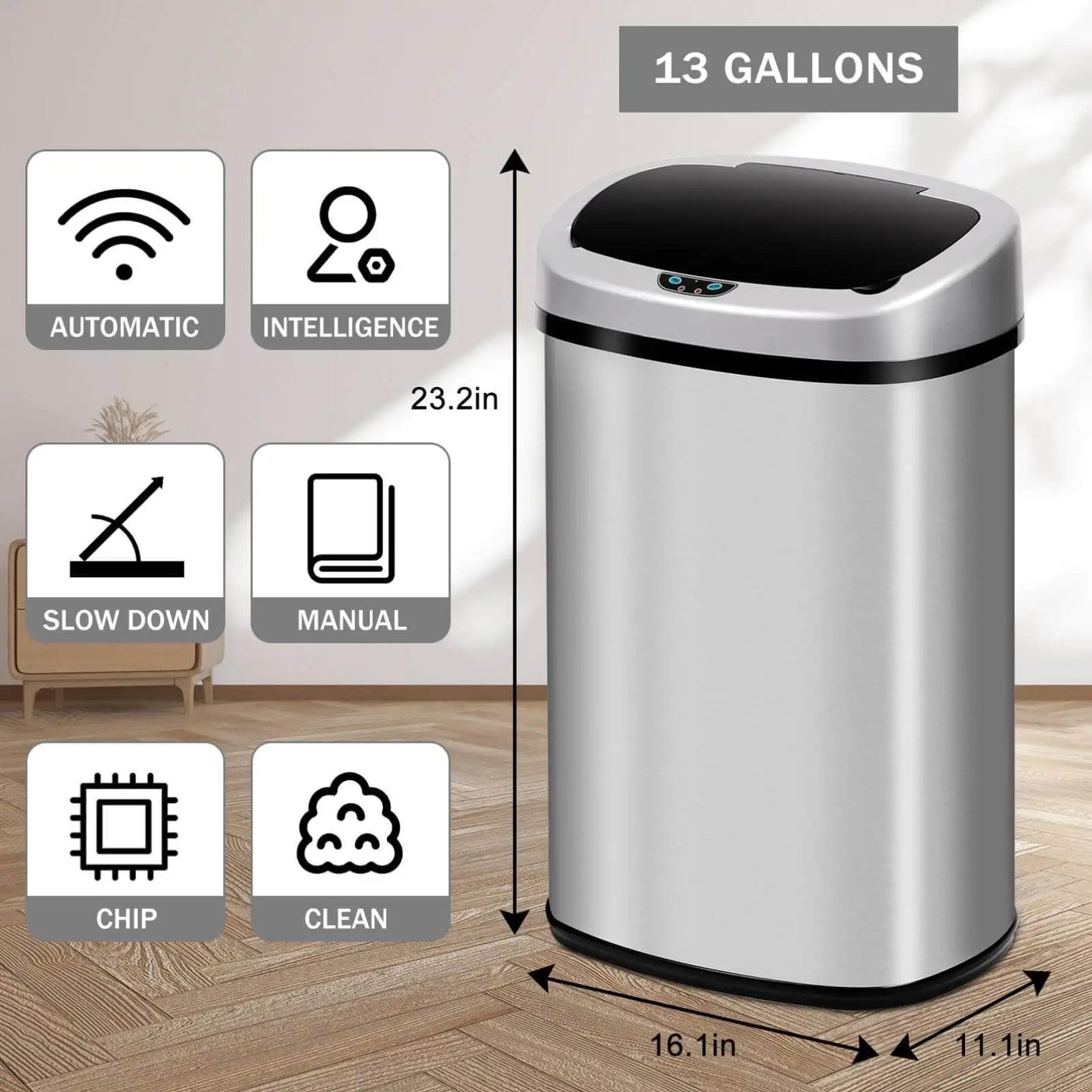 Kitchen Trash Can with Lid 13 Gallon Automatic Stainless Steel Garbage Can with Touch Free Motion Sensor