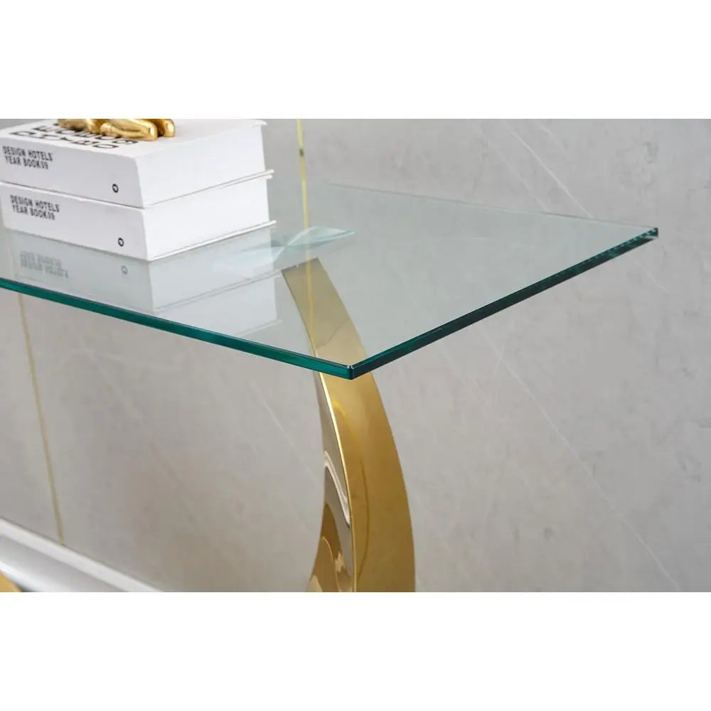 Elegant 47 Inch Slim Entryway Console Table With Tempered Glass And Gold Accents