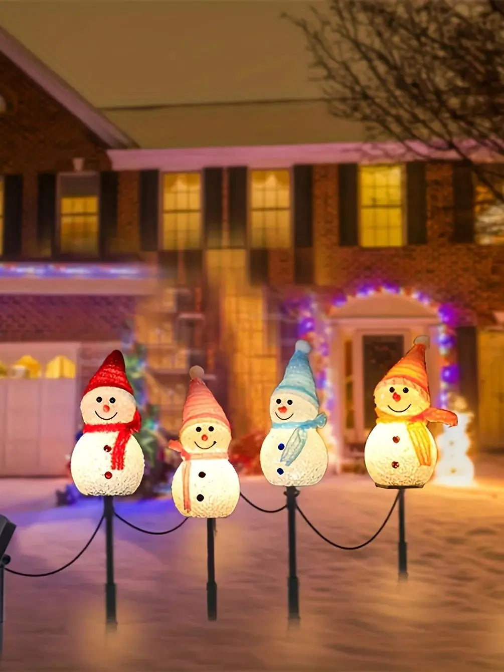 Solar Powered Snowman Lights 4-Piece Set With 1 Solar Panel Christmas Lawn LED