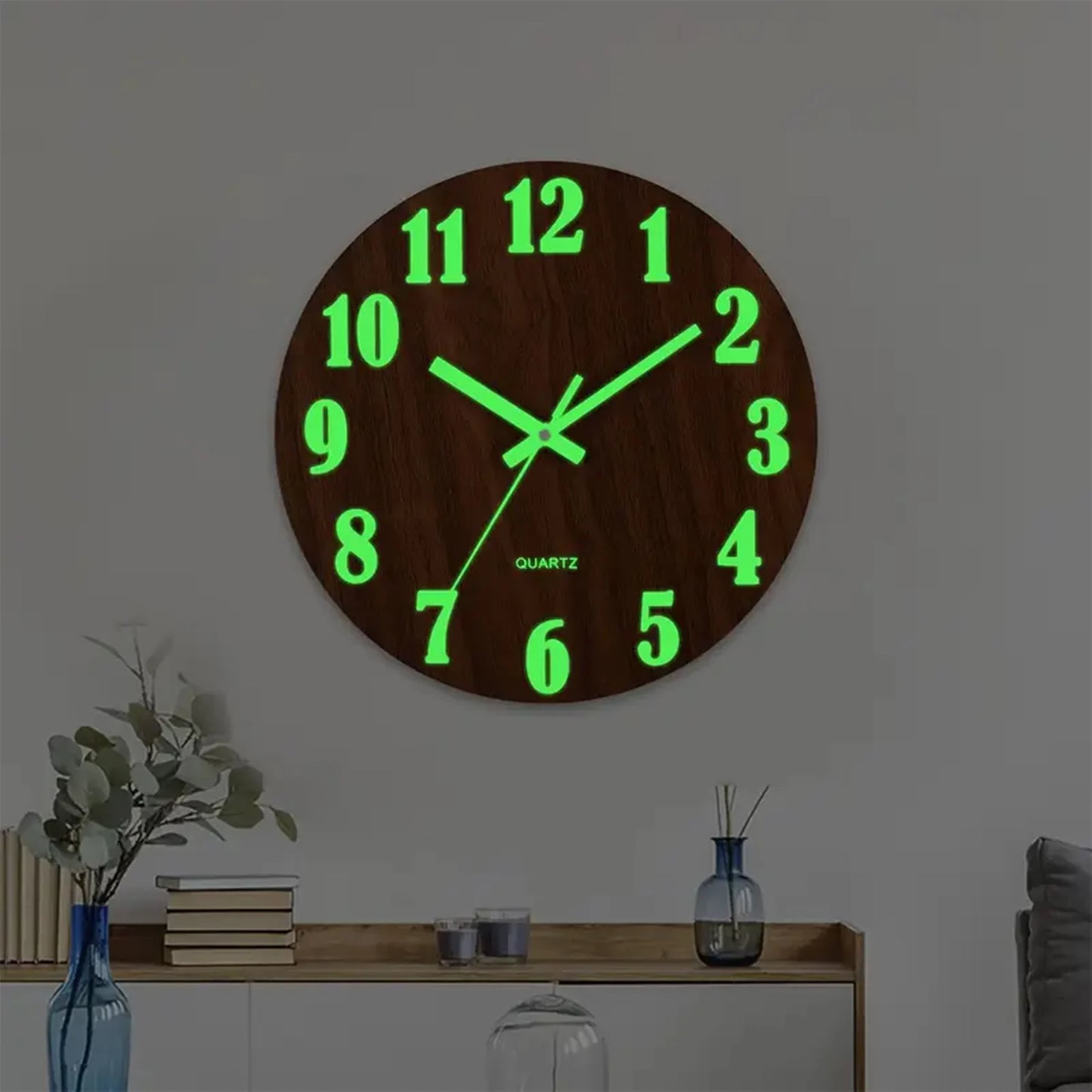 12 Inch Wooden Simple Luminous Wall Clock Silent Non Ticking Analog Clock for Living Room Bedroom and Office Decor