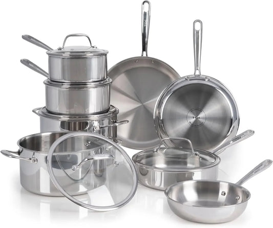 Pro Tri-Ply Stainless Steel Cookware Set 13 Piece Induction Compatible Oven Safe 500F Lids 350F Fast Even Heat Professional Quality Durable Pots and Pans Set Dishwasher Safe Silver
