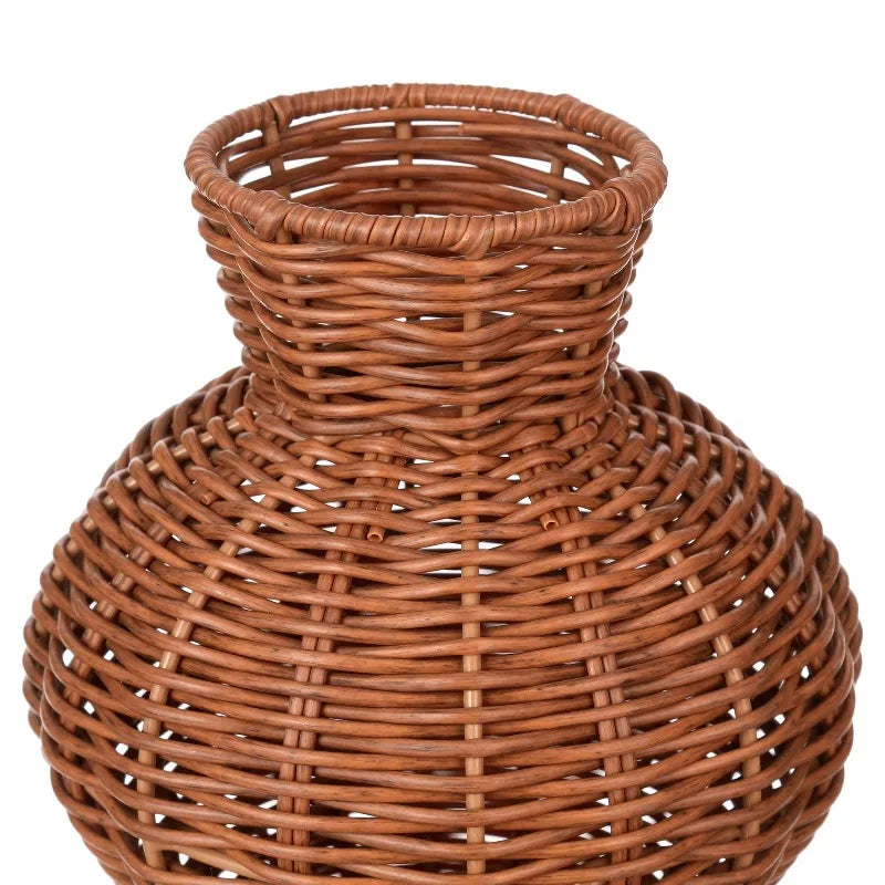 Woven Faux Rattan Indoor Vase 10 Inch Brown Bamboo And Wood Boho Home Decor