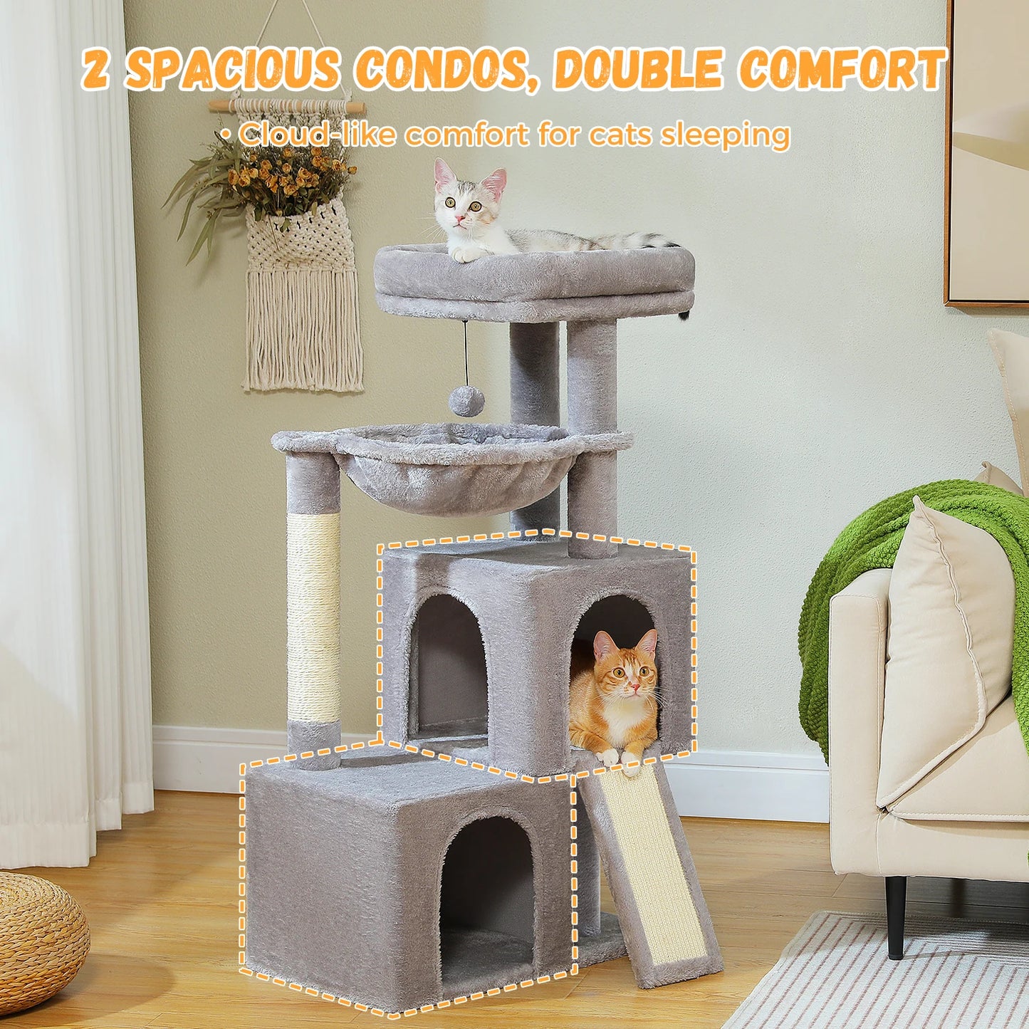 Large Indoor Cat Tree Tower With Four Levels And Two Condos