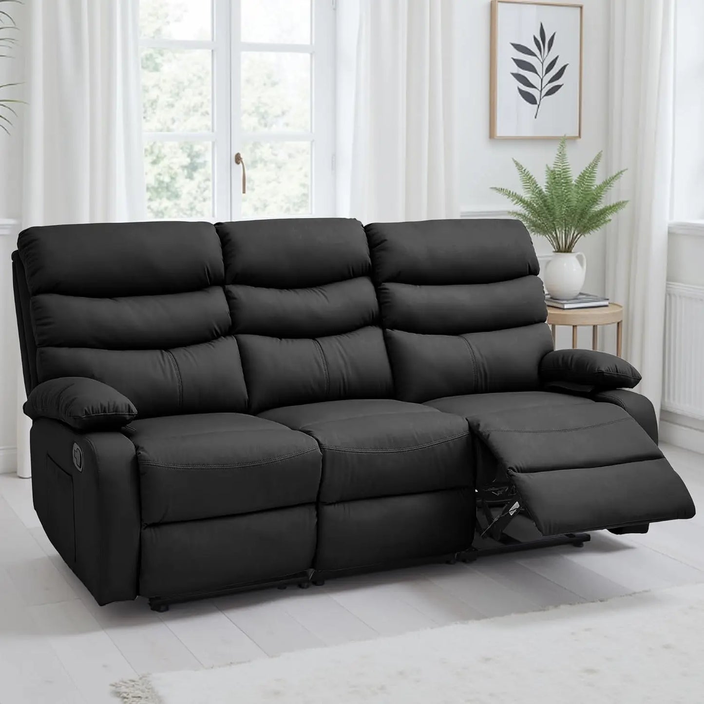 3 Seat Manual Reclining Leather Sofa With Overstuffed Arms Hidden Storage Beige