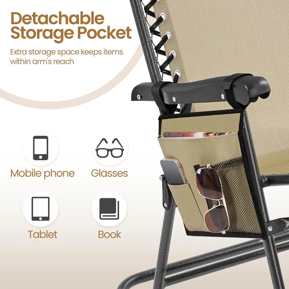 26 Inch Zero Gravity Rocking Chair Folding Reclining Lounge Chair For Outdoor Patio Lawn Beige Alloy Steel Frame Fabric Seat
