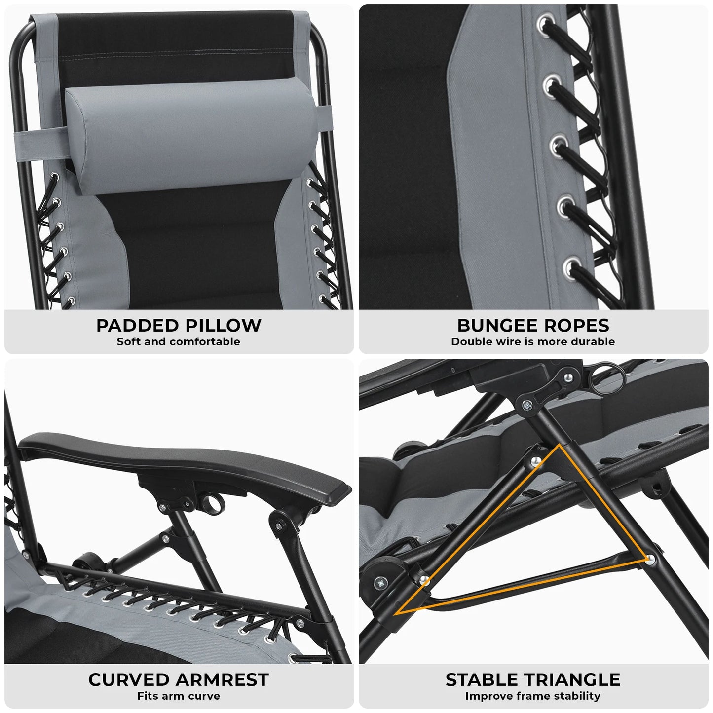 Padded Zero Gravity Lounge Chair Folding Patio Recliner with Adjustable Headrest and Cup Holder Support 160kg Sun Loungers
