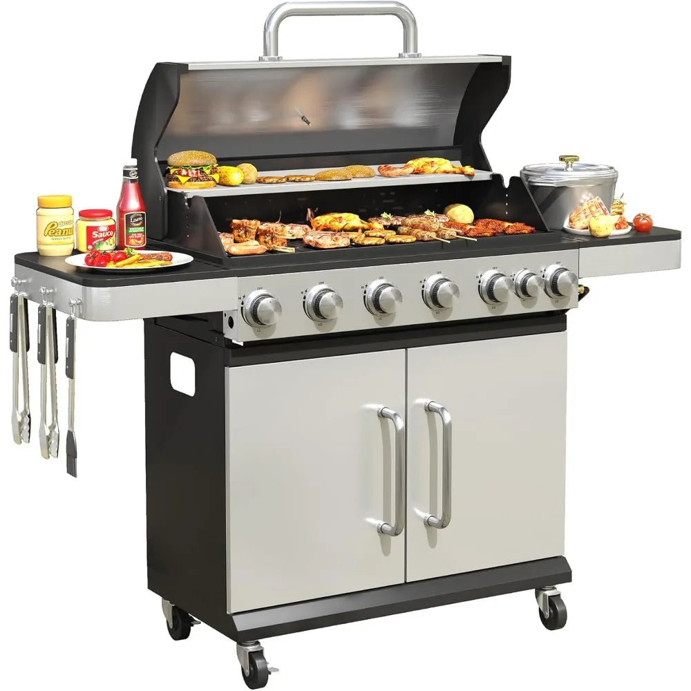6 Burner Propane Gas BBQ Grill with Side Burner and Porcelain Enameled Cast Iron Grates 65500 BTU Output Stainless Steel Grill