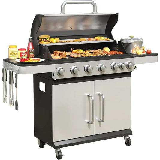 6 Burner Propane Gas BBQ Grill with Side Burner and Porcelain Enameled Cast Iron Grates 65500 BTU Output Stainless Steel Grill