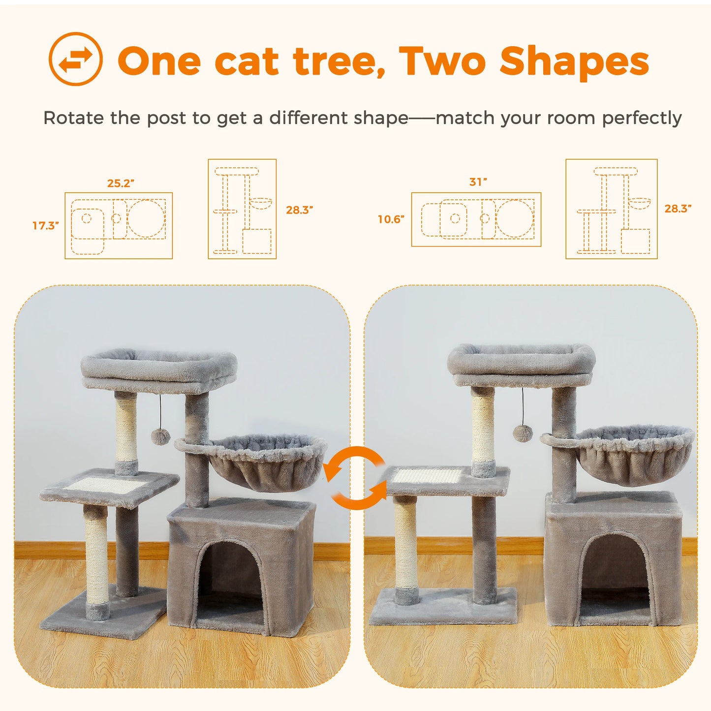 PAWZ Road Cat Tree Indoor 3 Tier Activity Tower With Scratching Posts Grey
