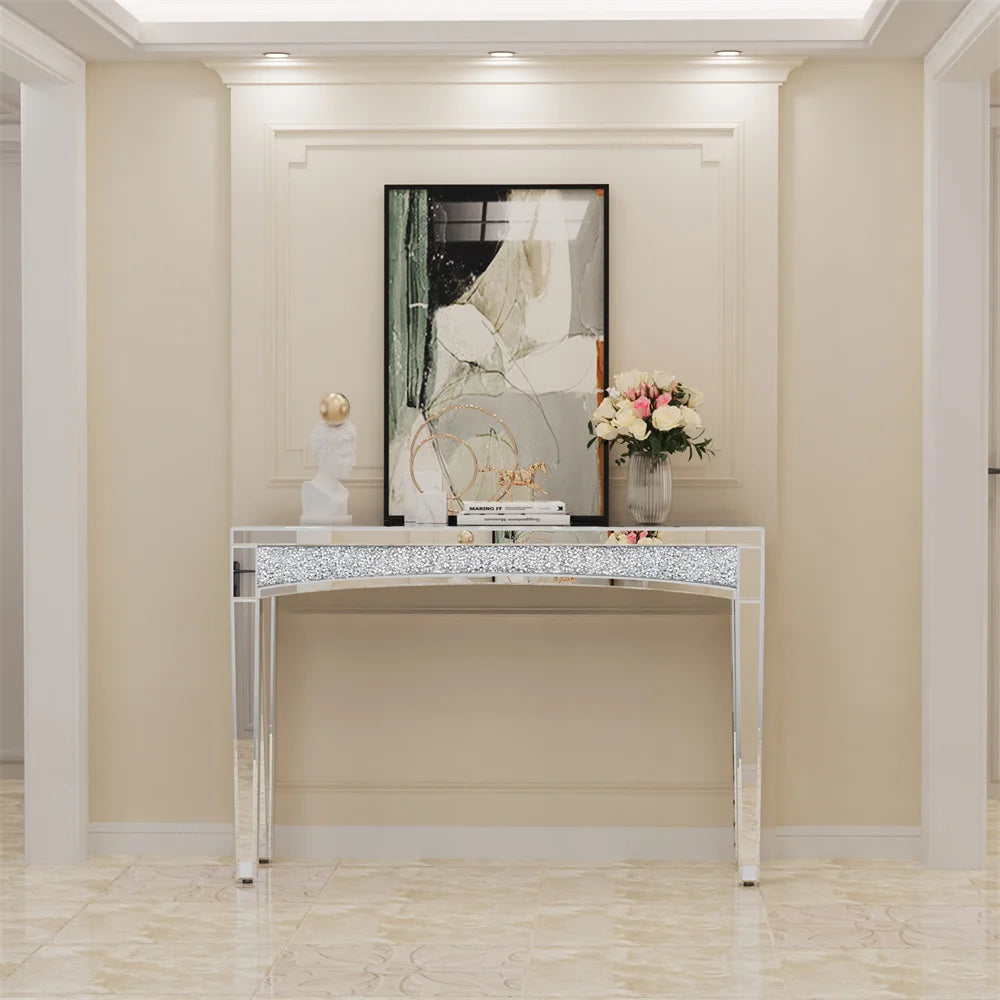 LUVODI Modern Glass Mirror Console Table Crushed Diamond