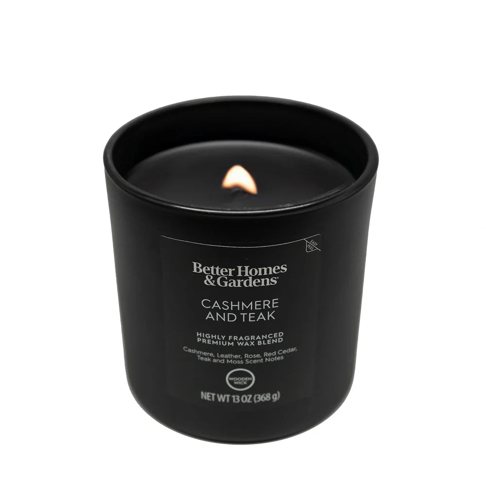 Scented Wooden Wick Jar Candle 13oz Cashmere Teak In Black Glass Leather Lid