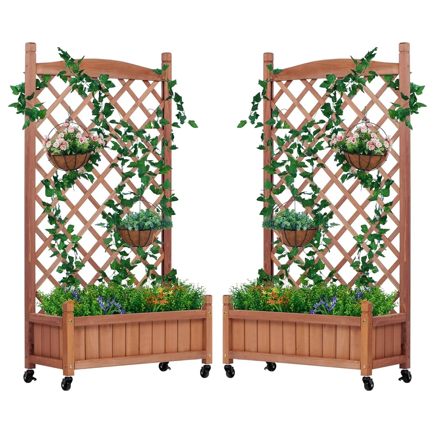 Raised Garden Bed With Trellis Set Of 2 Outdoor Wood Planter Boxes And Stands
