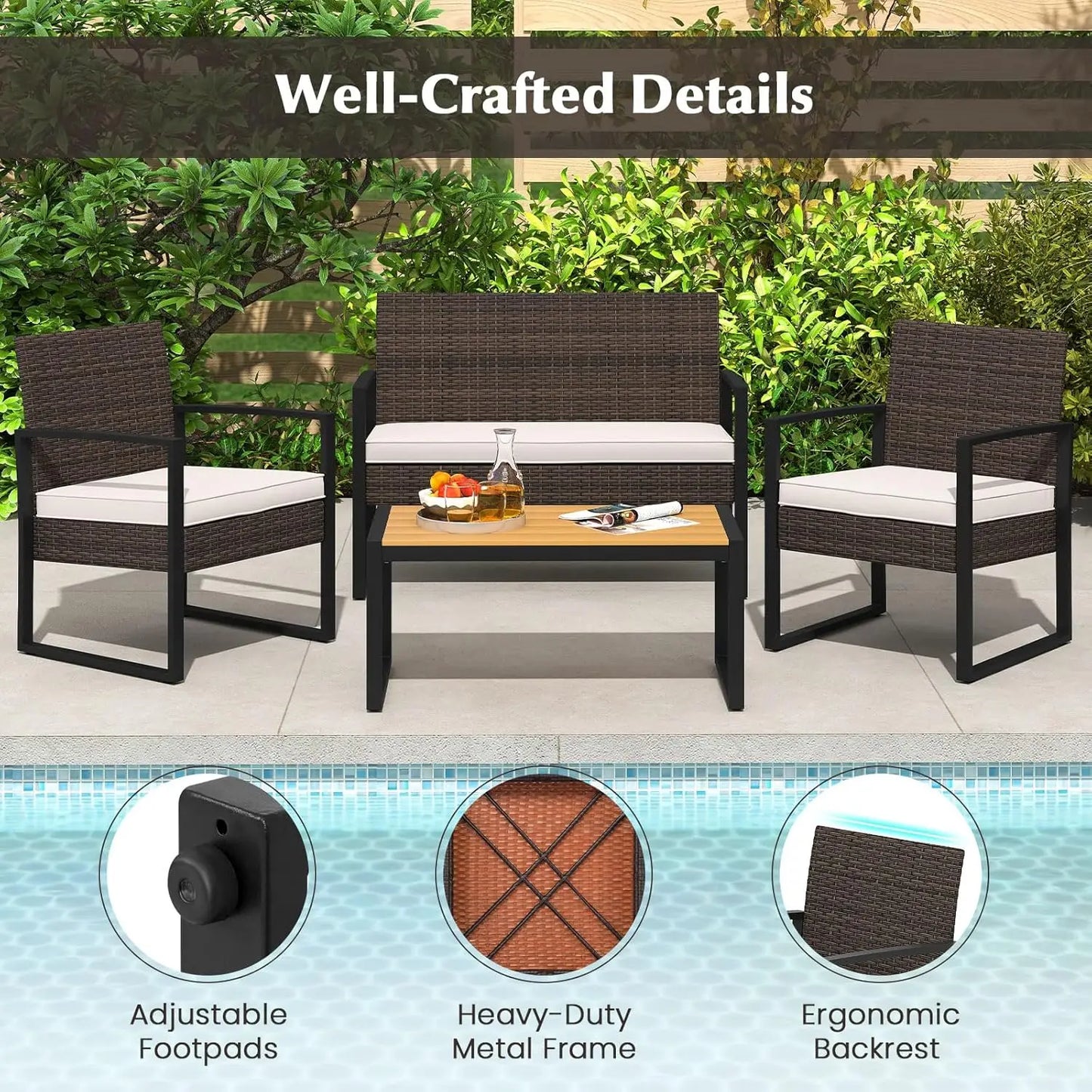 4 Piece Patio Furniture Set Rattan With Cushioned Chairs And Coffee Table