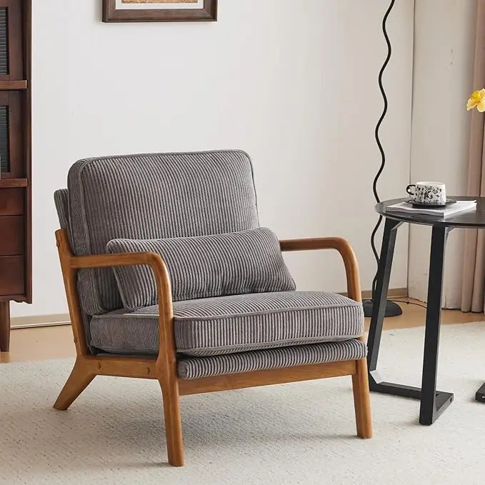 Mid Century Modern Corduroy Upholstered Lounge Armchair With Wood Frame