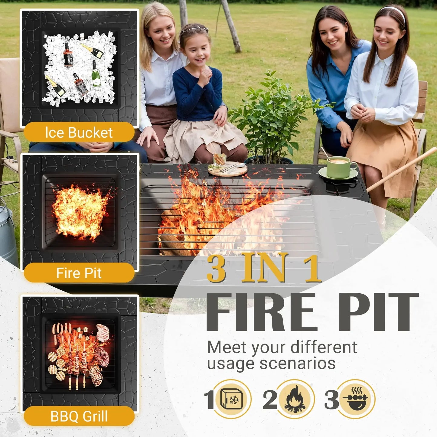 32 Inch Fire Pit Table Patio Ice Storage Mesh Lid Black