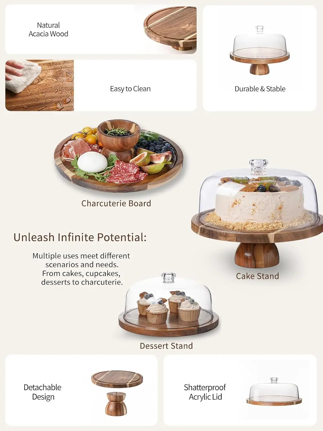 Acacia Wood Cake Stand Acrylic Lid 12 Inch Dessert Display