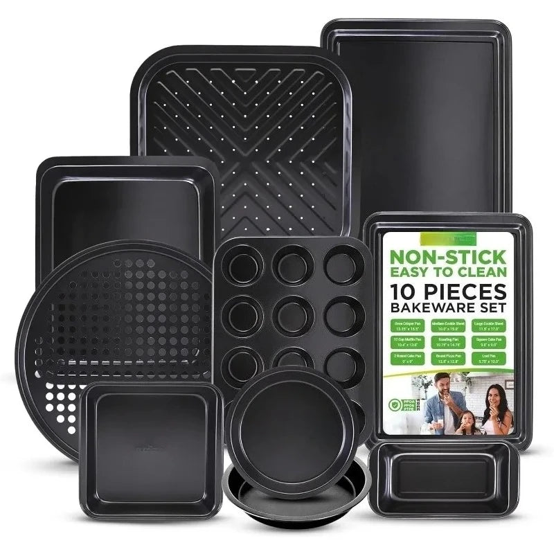 For Girls 10 Piece Non Stick Baking Pans Set Deluxe Carbon Steel Bakeware Set with Cookie Sheets Muffin Pan Roasting Pan Cake Pan Baking Tray Pizza Pan Easy to Clean Black