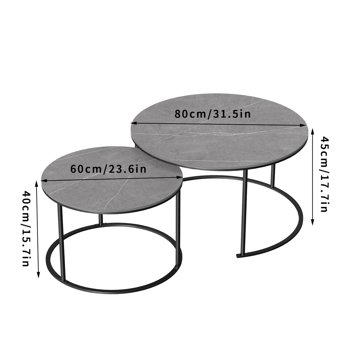 Modern Nesting Grey Marble Top Coffee Table Set Metal Legs