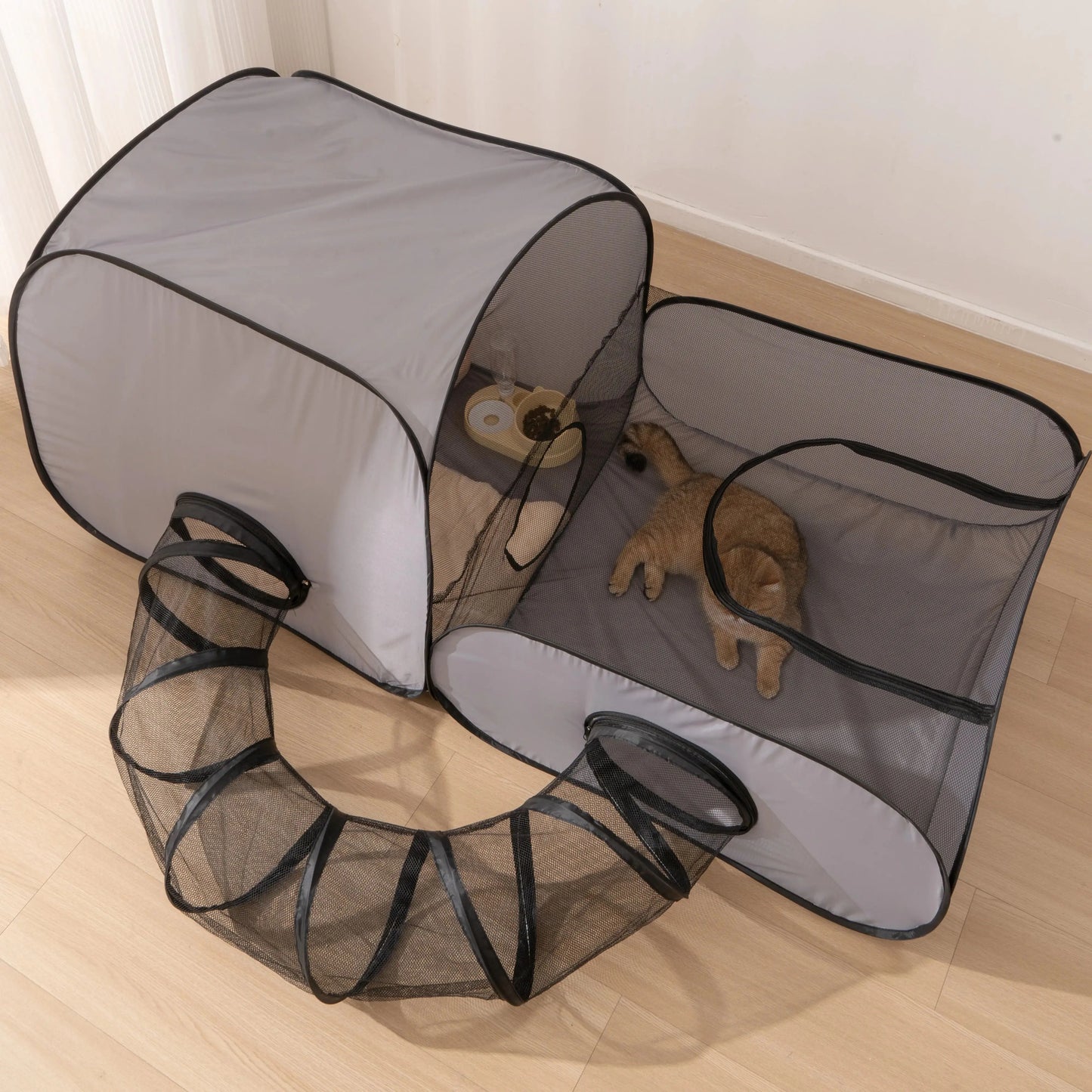 Square Gray Foldable Pet Bed Oxford Cloth Nest With Play Tunnel Cats And Dogs