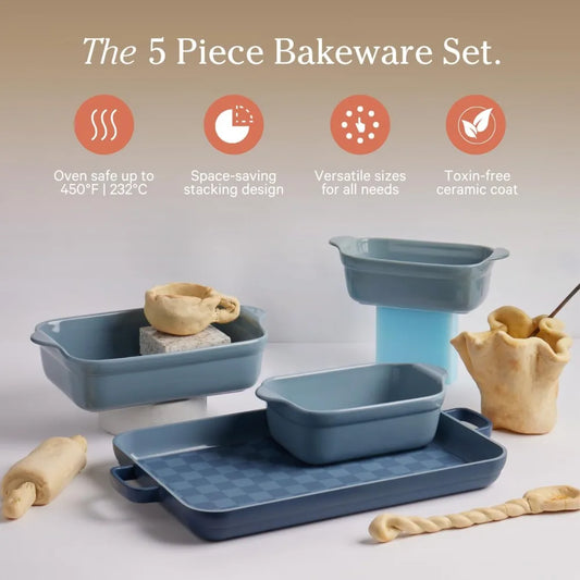 Bakeware Set 5 Piece Nonstick Toxin Free Ceramic Cast Aluminum Set with Oven Pan Bakers and Oven Mat