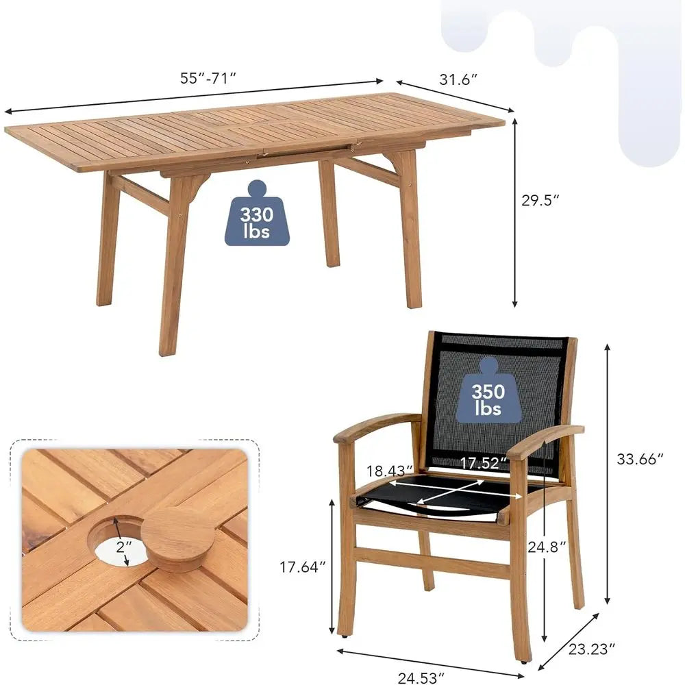 Six To Eight Seater Acacia Wood Dining With Expandable Table Umbrella Hole Black