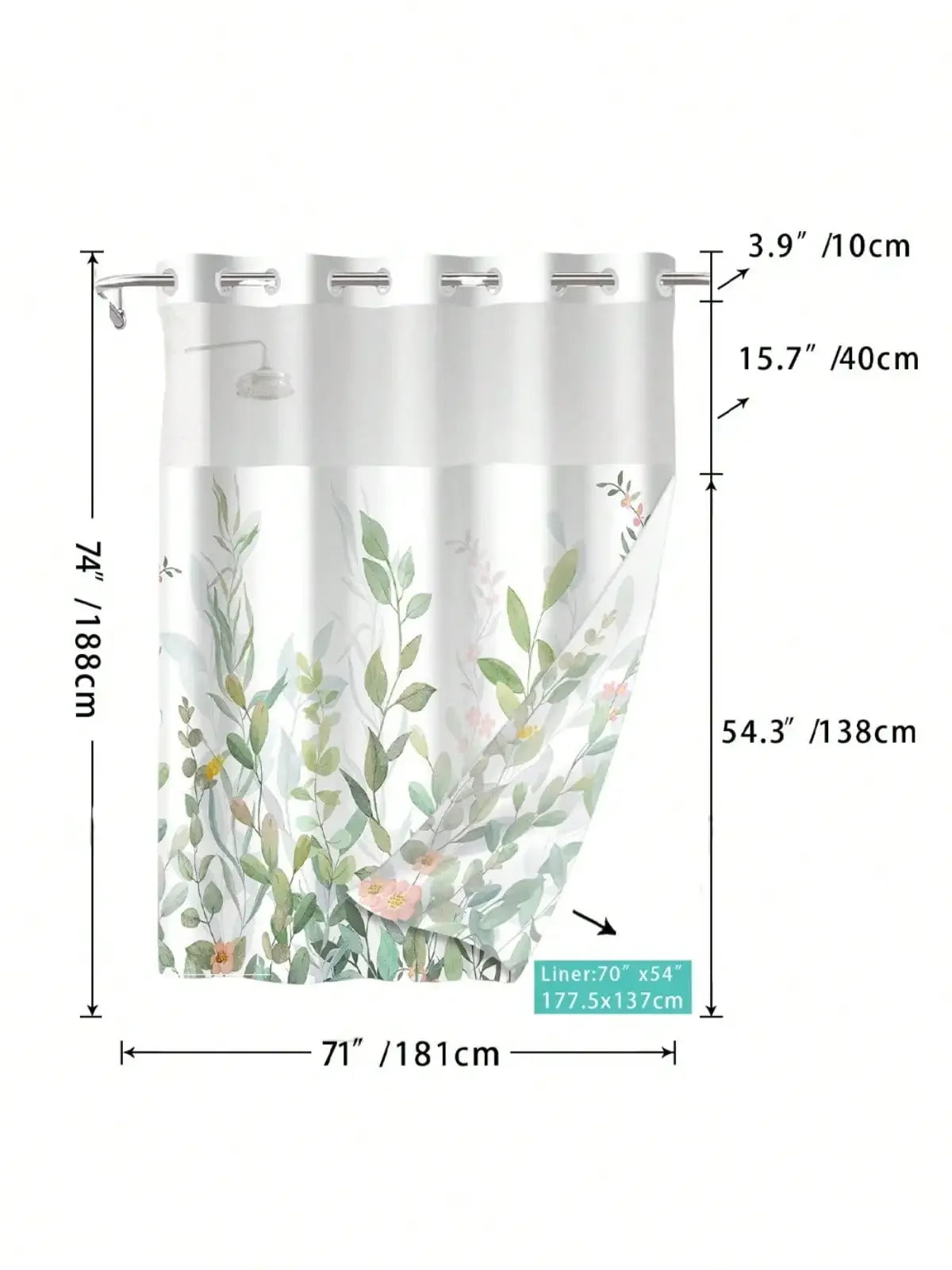 Plants Pattern No Hook Waterproof Shower Curtain PVC Modern Bathroom Decor