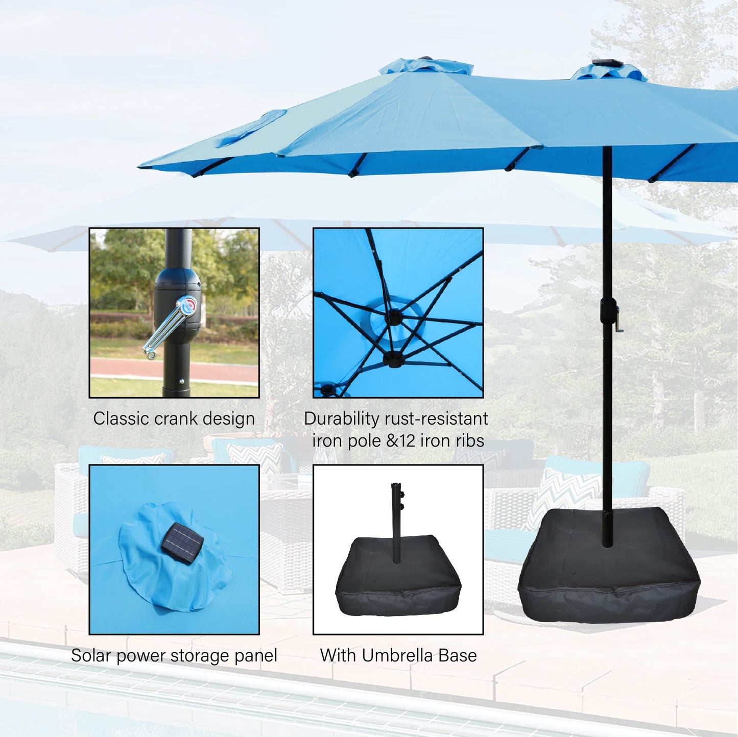 15 X 9 Ft Large Double Sided Rectangular Outdoor Twin Patio Umbrella With LED Light And Base Blue